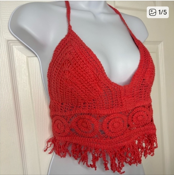 Sans Souci Tops - Sans Souci Red Crochet Halter Crop Top